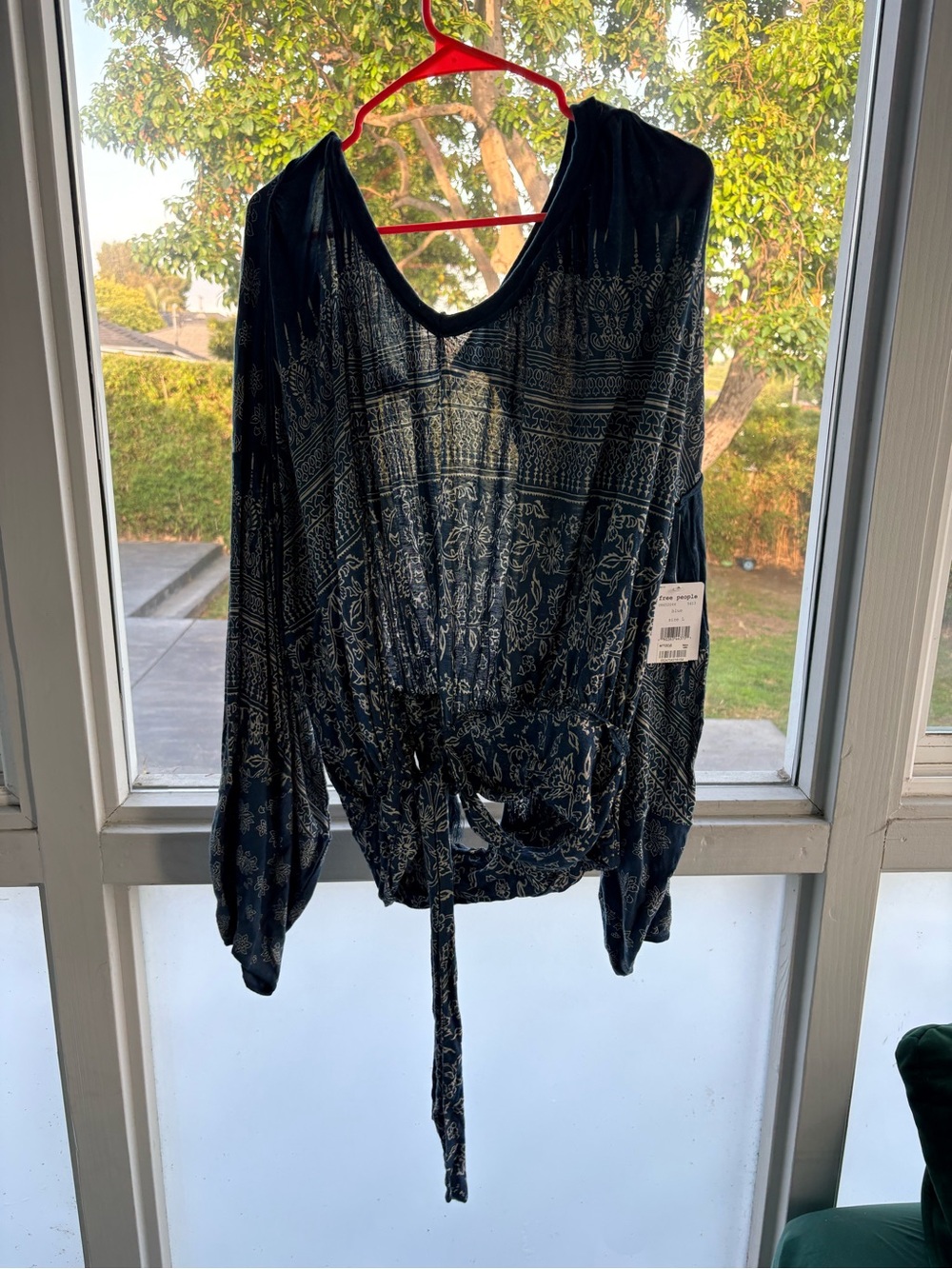 Free People Navy Printed Tie-Front Backless Blouse